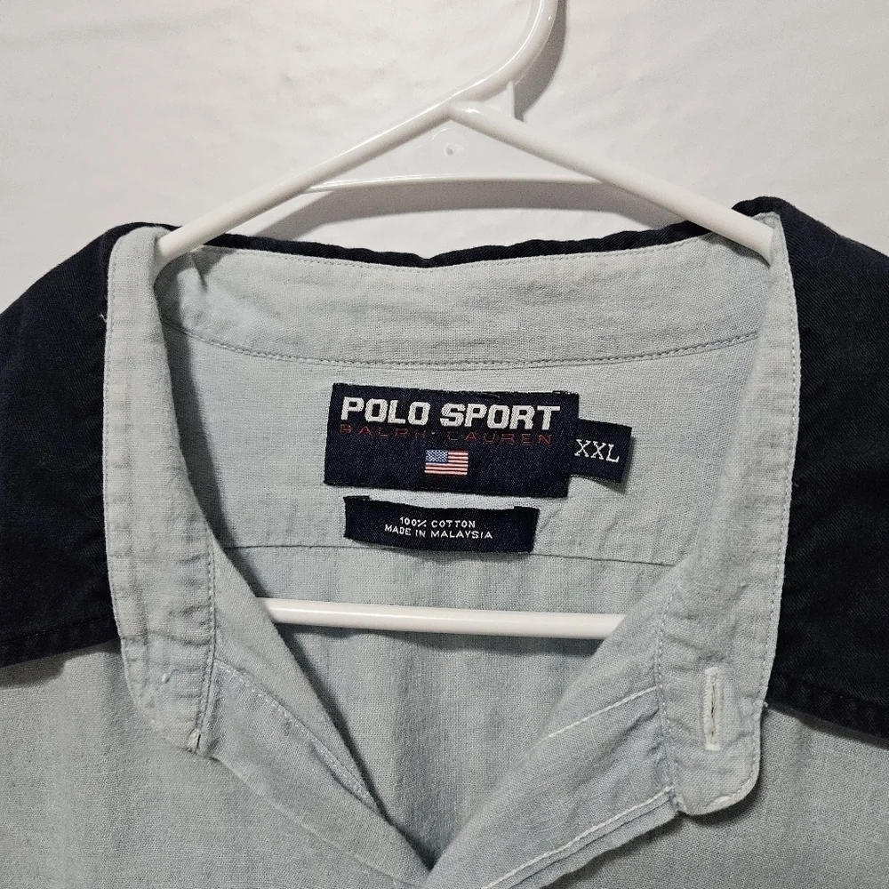 RARE 90s Vintage Polo Sport Chambray Color Block Button Up Shirt Mens XXL B22